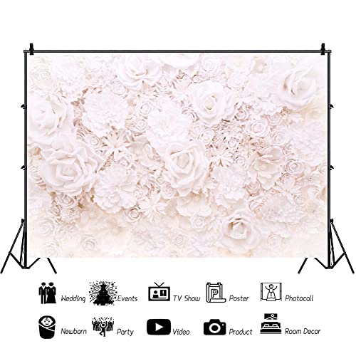 AOFOTO 12x8ft White Flowers Wall Backdrop Elegant Roses Romantic Wedding Bridal Shower Photography Background Baby Shower Party Valentines Mother's Day Photo Banner Studio Props Wallpaper - size: 12x8ft