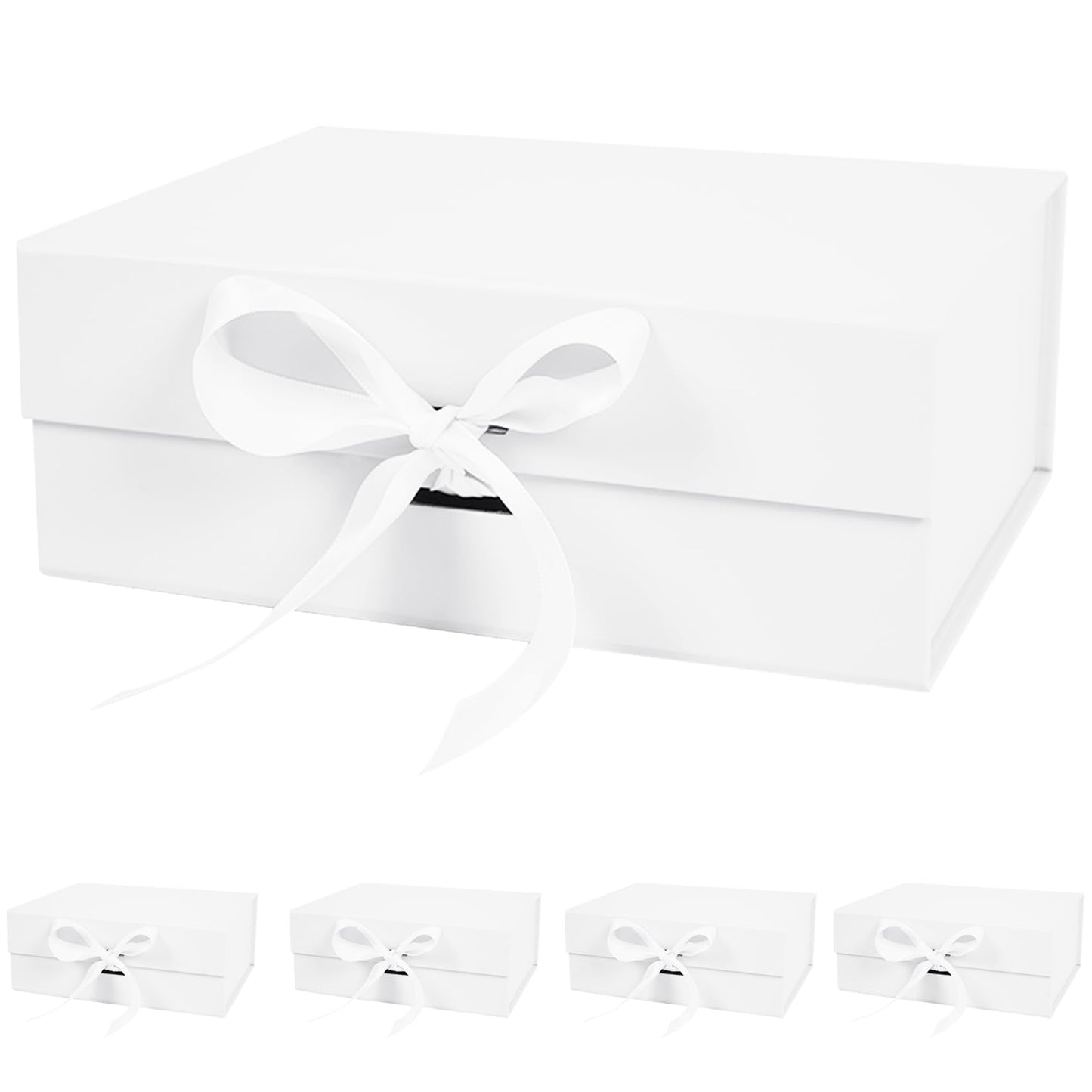 Aimyoo 5 Pack Large White Gift Box with Ribbon, 11.5x8.6x4.1 inch Groomsman Proposal Box for Presents with Magnetic Closure Lids, Rectangle Collapsible Luxury Box for Wedding, Christmas, Birthday