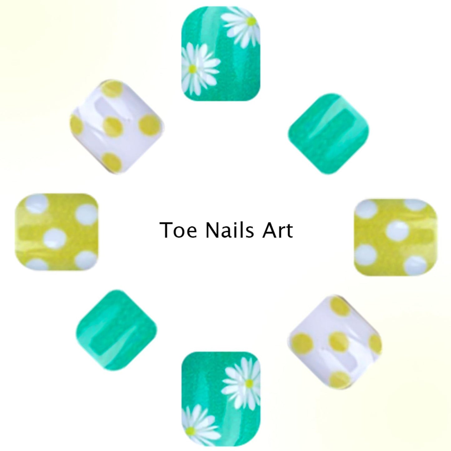 Spring Summer Press on Toenails Short Square Fake Toenails with Daisy Polka Dot Designs Yellow Green Toe Nail Press ons Reusable Acrylic Stick on Toe Nails for Women Manicure 24Pcs