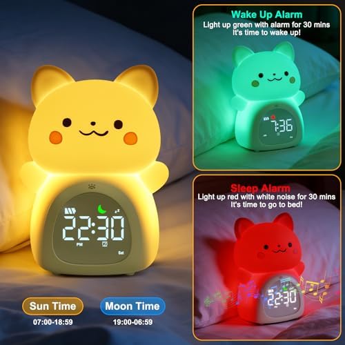 Cat Alarm Clock for Kids, Rechargeable Ok to Wake Clock with Night Light - BPA-Free Silicone Sleep Training Clock, Cute Toddler Wake Up Clock for Boys Girls Bedroom