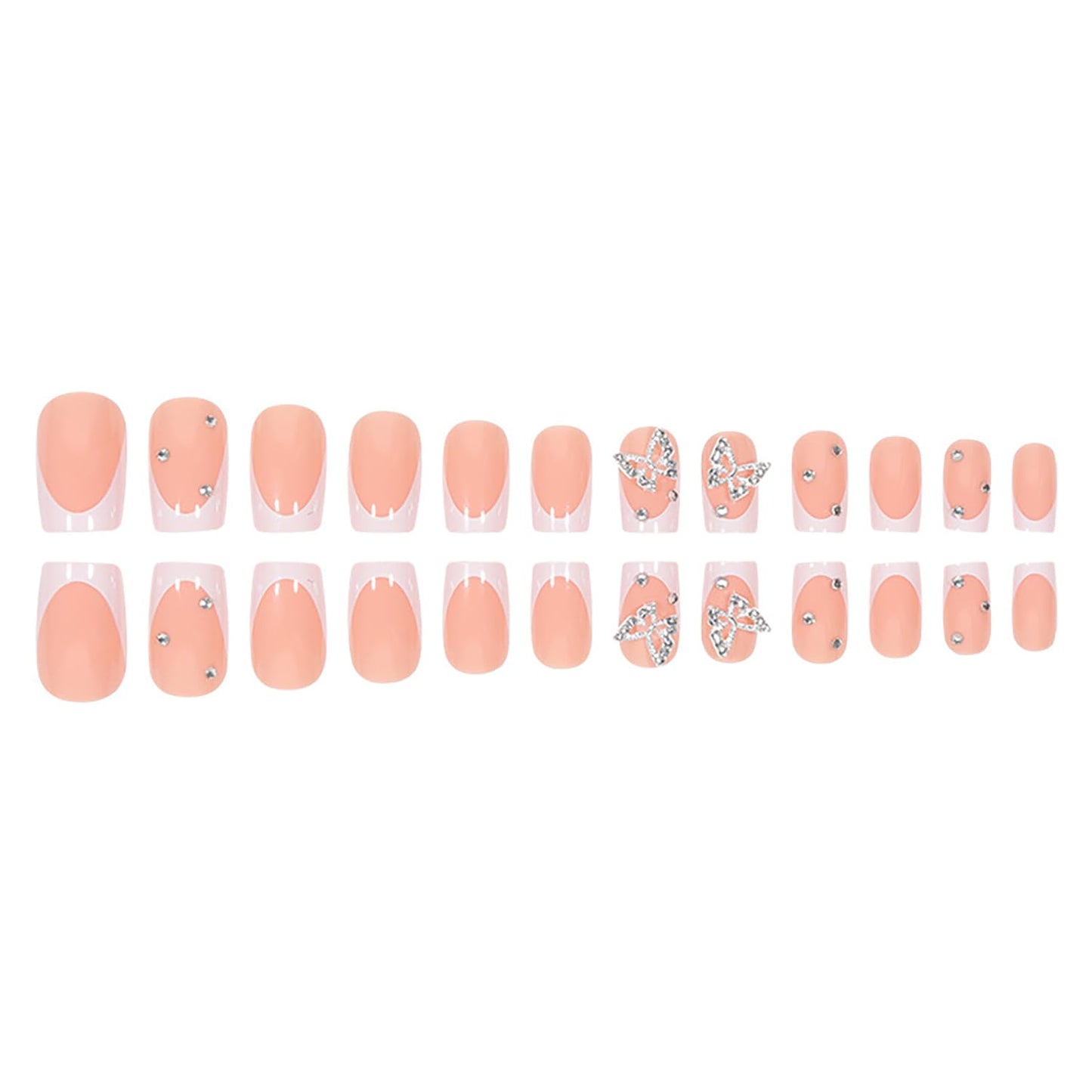 Press on Nails Extra Short Square MABKJLF French Tip Fake Nails Nude Full Cover Glue on Nails Rhinestones False Nails Butterfly Charm Acrylic Nails Stick on Nails Artificial Nails for Women Girls