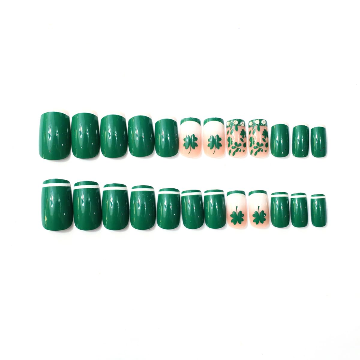 24Pcs St. Patrick's Day Press on Nails Short Square QUNQINLI Green Fake Nails with Four-Leaf Clover Rhinestones Designs White Nails Press ons Glossy Full Cover French Glue on Nails for Women