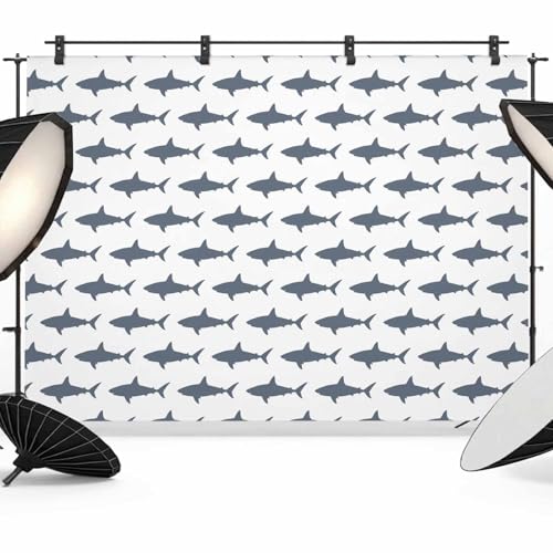 Sharks Backdrop for Photography, Cartoon Animals Texture Modern Style Photo Backdrop Portrait Background Party Banner Photo Backgrounds for Studio Booth Props, 10x8ft - color: Mist Blue White, size: 10x8FT