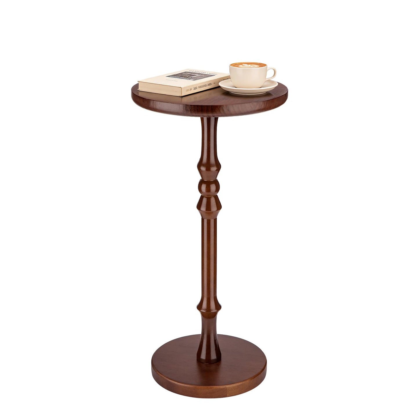 Lampaggio Round Side Table for Small Spaces, Drink Table with Oak Wood Pedestal Base, Modern Accent End Table or Nightstand for Living Room, Bedroom, Office, and Corners, Tool-Free Assembly, Brown