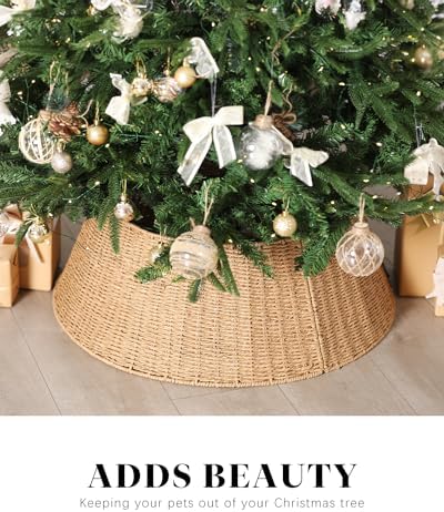 Rustic Farmhouse Christmas Tree Collar - Holiday Decorations - Natural Woven Wicker Tree Base Cover, Basket Ring for Artificial Trees, Stable & Odorless