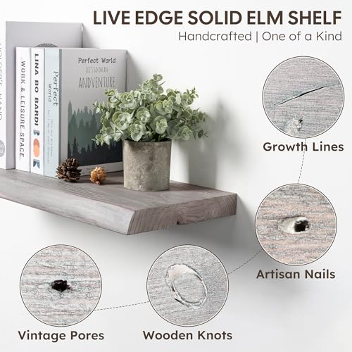 Live Edge Floating Shelf, 48 Inch Solid Elm Wood - Weathered Gray Rustic Wood Wall Shelf with Invisible Brackets for Living Room, Kitchen, Bathroom - color: Driftwood Gray, size: 48"L, 1-Pack