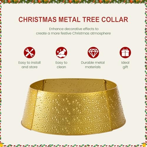 Sweetcrispy 26inch Metal Christmas Tree Collar, 4-Panel Base Cover for 7.5ft Artificial Trees, Rustproof & Easy Assembly, Sturdy & Durable for Holiday Decor, Gold