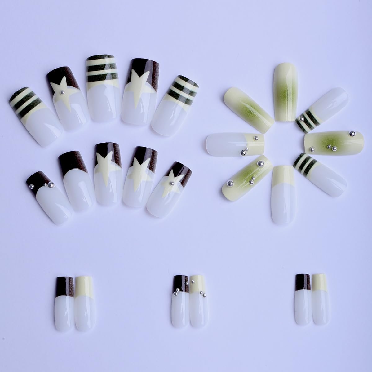 plalely Square Press on Nails Medium Green Fake Nail y2k Style Acrylic Nail Press ons with 3D Charm Design Stick on Nail for Women 24pcs