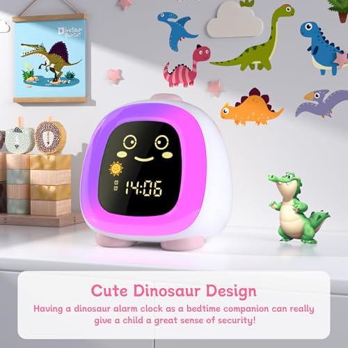ANALOI Alarm Clock for Kids, Kids Alarm Clock Ok to Wake Cute Night Light for Bedroom, Toddlers Sleep Training Clock Stay in Bed, Dinosaur Birthday Gift for Kids Boys Girls
