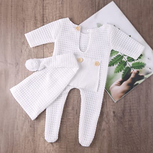 Newborn Baby Photo Shoot Props Girl Boy Crochet Knit Hat Costume Stripe Hat Pants Overalls Photography Props - color: Off-white