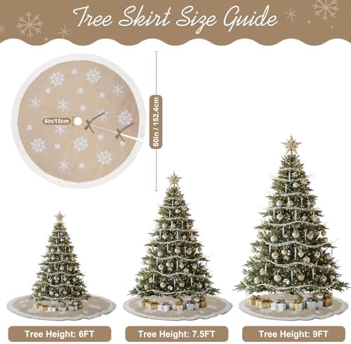 OurWarm Christmas Tree Skirt 60 inches, Burlap Tree Skirt for 7.5 ft Tree to 9 ft Tree, Large Snowflake Tree Skirt with Faux Fur, Xmas Tree Skirts for Winter Indoor Holiday Christmas Tree Decor