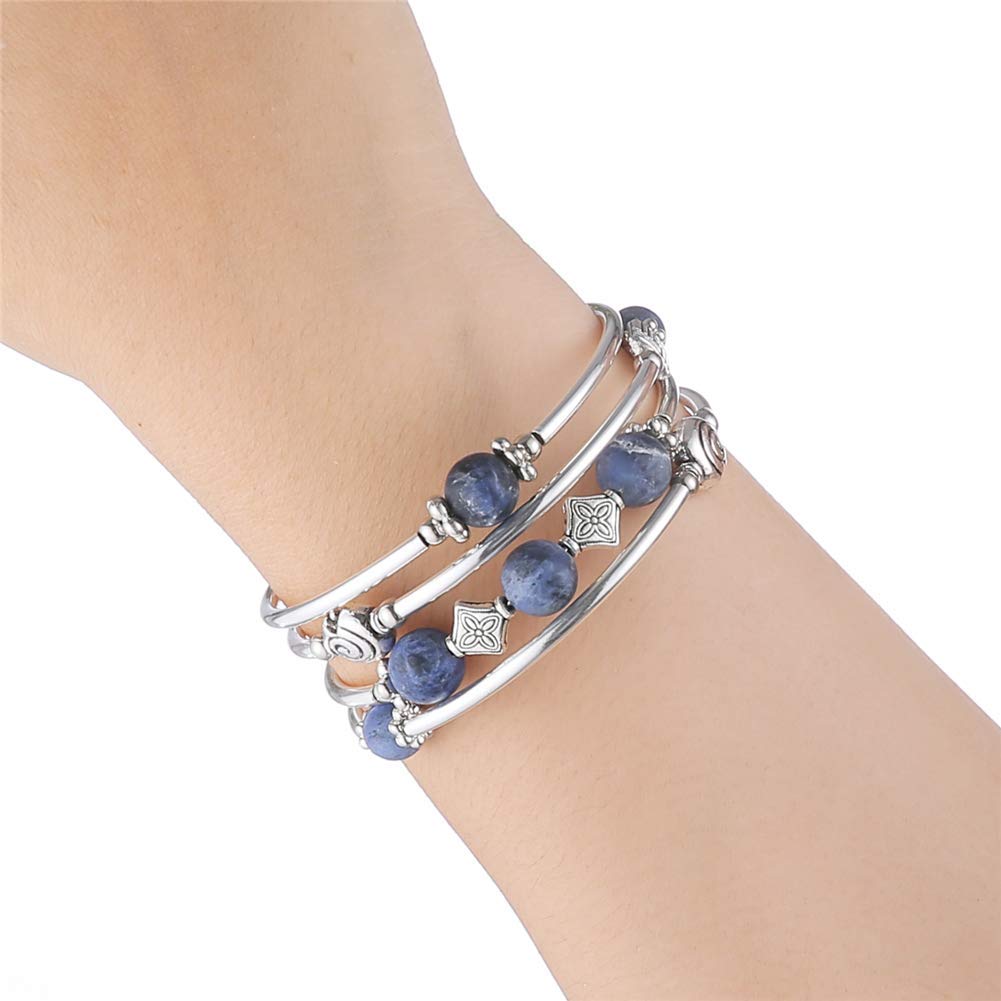 Beaded Pearl Bangle Wrap Bracelet - Fashion Bohemian Jewelry Multilayer Charm Bracelet with Thick Silver Metal Beads, Gift For Women(Navy Blue)