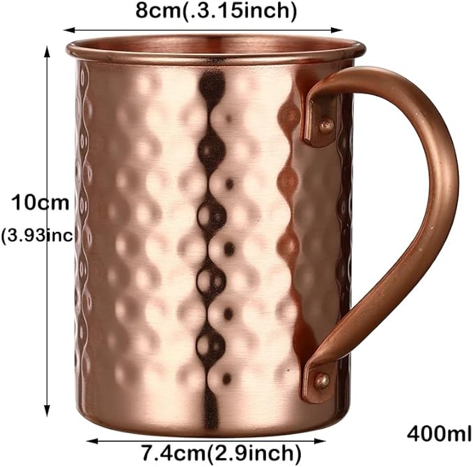 Moscow Mule Pure Copper Mugs - Set of 4 - Handmade of 100% Pure Copper -Hammered Finish-Riveted Handle
