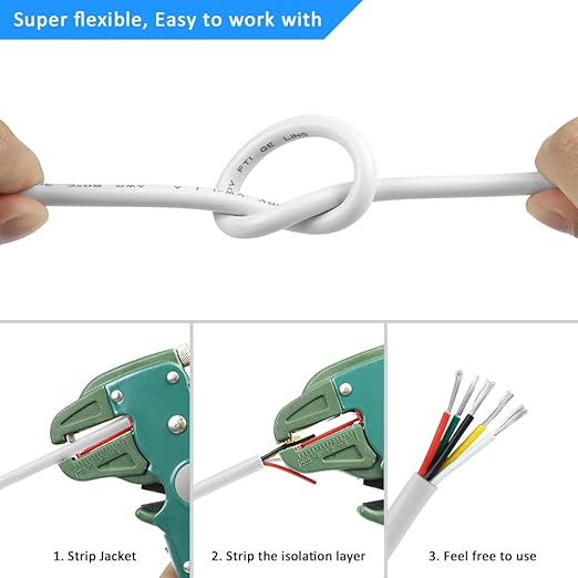 20 Gauge 5 Conductor Electrical Wire, 32.8FT White Stranded Low Voltage 20/5 Cable PVC Case, 20 AWG Tinned Copper 5 Wire Cable Extension Power Cable for Strips LED Lamp Lighting Automotive
