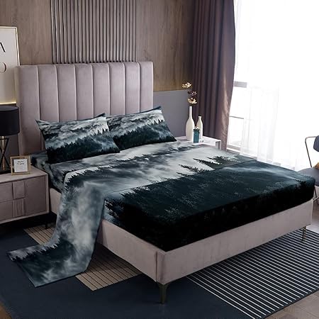 Smoky Mountain Bed Sheets Pineforest Sheet Set Full Grey Trees Natural Scenery Art Bed Sheet Mountain with Firforest and Arrow Folk Style Retro Print Decorative Bedding Sheets & Pillowcases,Soft - color: Multi 04, size: Full