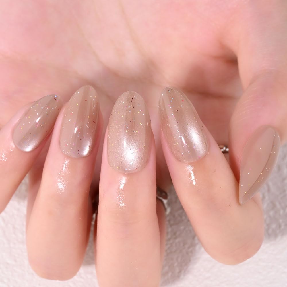 XZMeiLun Light Brown Press On Nails Short Oval Cute Shimmer Acrylic Fake Nails, Jelly Glossy Full Cover Glue on Nail For Reusable Fall Artificial Stick on Nails for Salon Quality Nail Women 24 Pcs