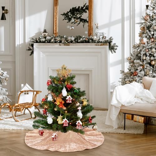 Poise3EHome Rose Gold Christmas Tree Skirt, 24 Inch Sequin Tree Skirt