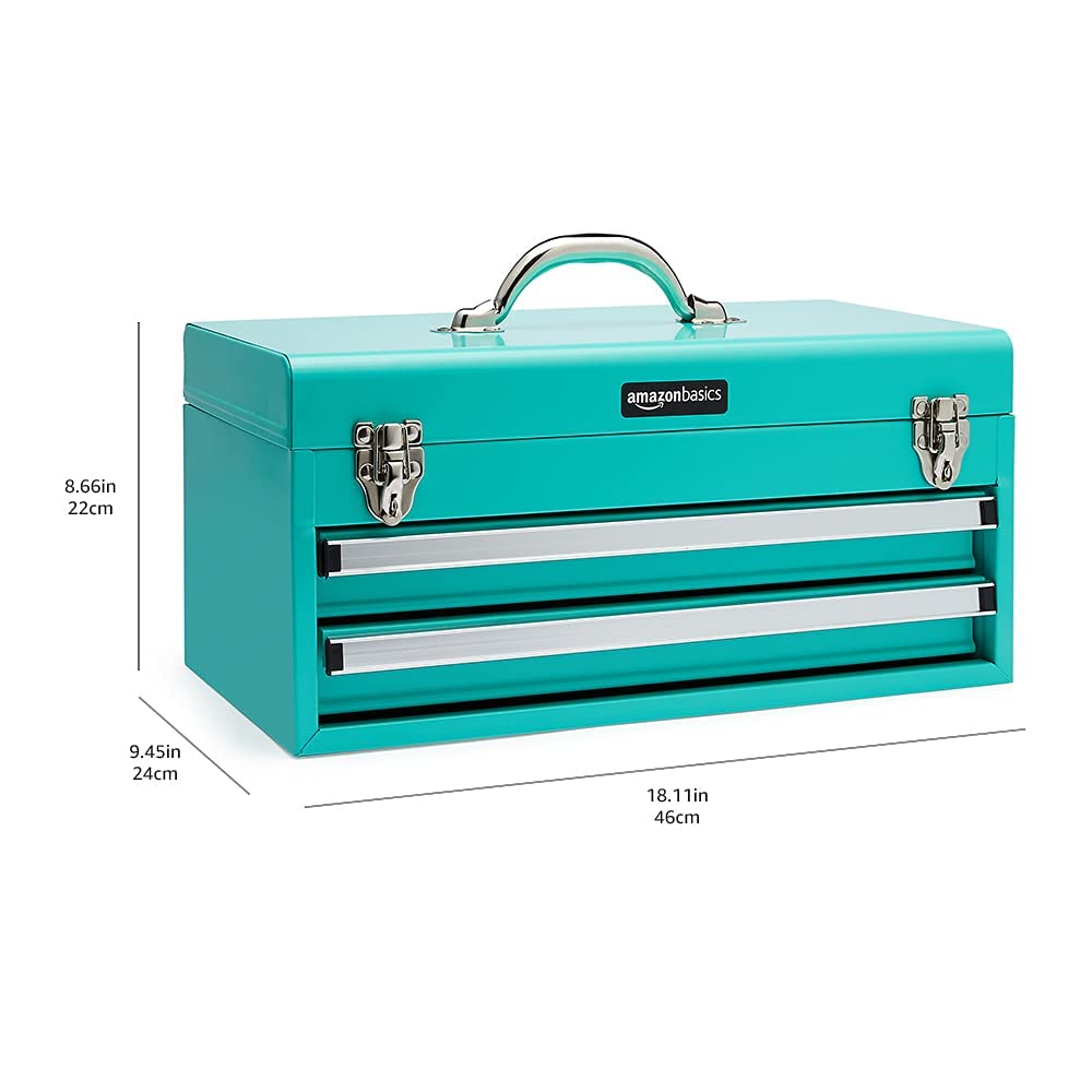 Amazon Basics Steel Tool Box Storage and Organization Drawers, Tool Storage with Powder Coat Finish, 18.11 x 8.66 x 9.45 in, Turquoise