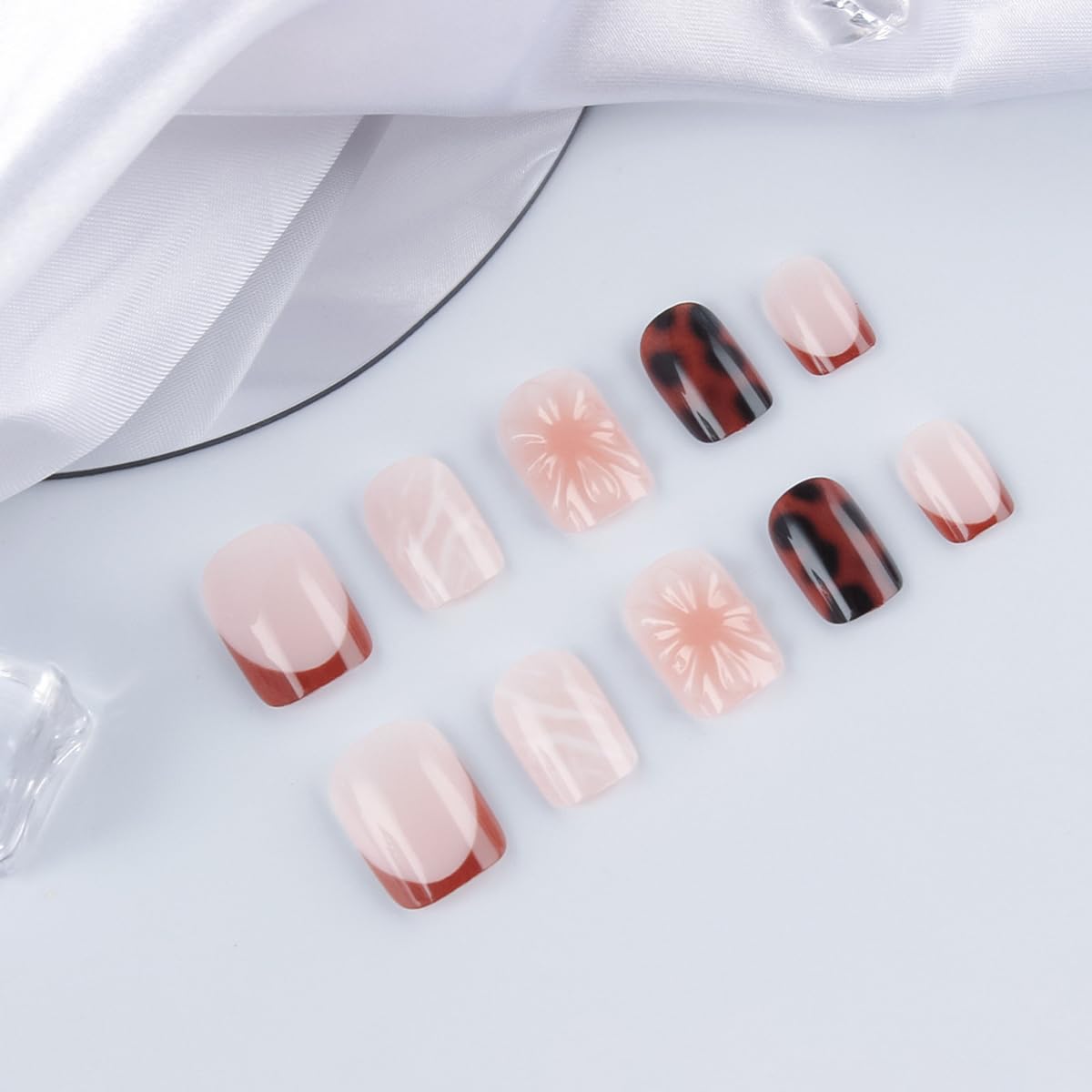 Fall Press on Nails Short Square Fake Nails Cozy Autumn Nails Press ons with Brown Tortoise,Flower Design Full Cover Stick on Nails for Women Manicure,Reusable | Nail Sticky Tabs | Easy Apply | 24Pcs