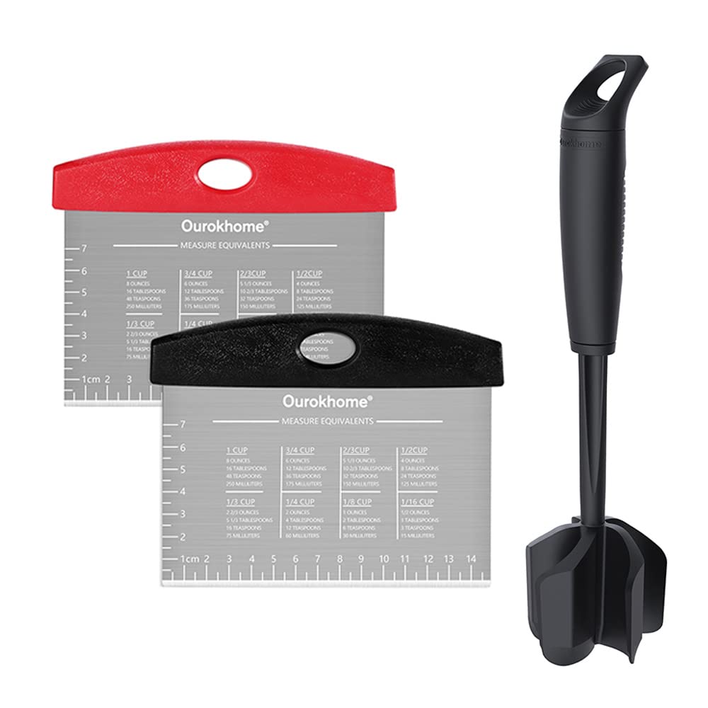 Ourokhome Pastry Dough Bench Scraper Knife and Hamburger Meat Chopper Stirrer Heat Resistant 5 Curved Blades, measurement markings and the conversion chart, Dishwasher Save