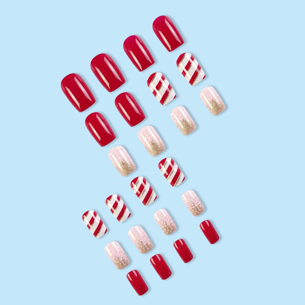 Christmas Press on Nails Gold Medium Square Fake Nails White Snowflake Full Cover Red Candy Christmas Nails Glossy False Nail Artificial Acrylic Nail for Women Girls 24 Pcs