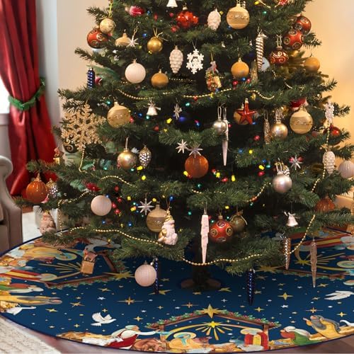 Christian Christmas Tree Skirt Religious Jesus Nativity Scene Xmas Tree Mat Navy Blue Christmas Holiday Jesus Indoor Outdoor Party Decor (48 Inches)