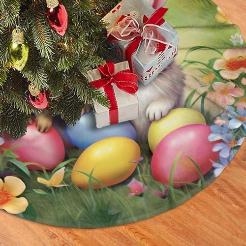 Christmas Tree Skirt, Easter Holiday Easter Rabbit Bunny Eggs Spring Flower Xmas Large Tree Mat, New Year Festive Holiday Party Decorations 30" inches