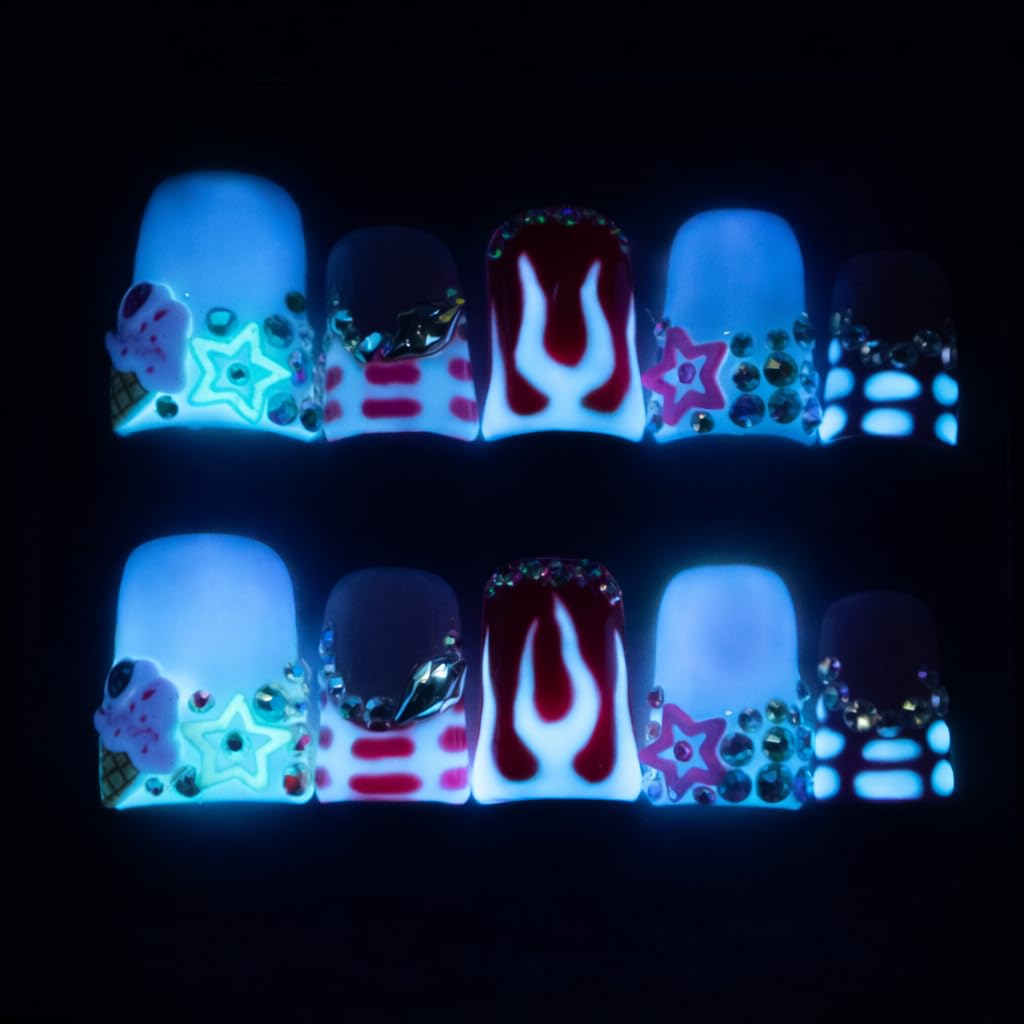 IntoVibes 10 Pieces Luxury Acrylic Press On Nails Short Handmade Duck Nails, Pink Thickened False French Nails, Flame And Rhinestone, Reusable Fake Nails, Glow-in-the-dark Nails (L)