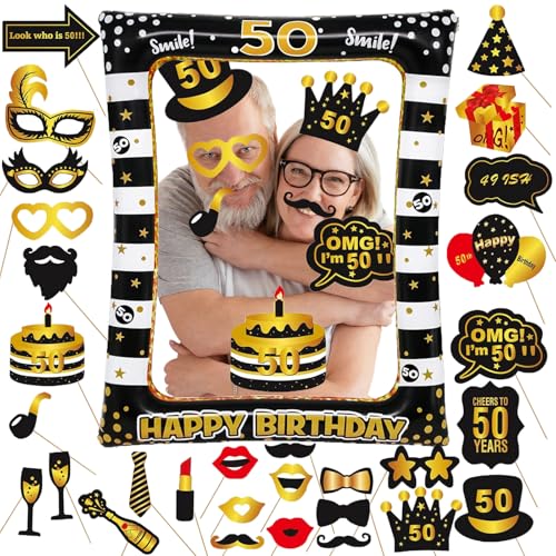 50th Birthday Photo Booth Props, Black Gold Inflatable Photo Booth Frame, 30PCS Photo Booth Props, for Party Selfie Party Decorations and Gifts - size: 50th Birthday Inflatable Frame