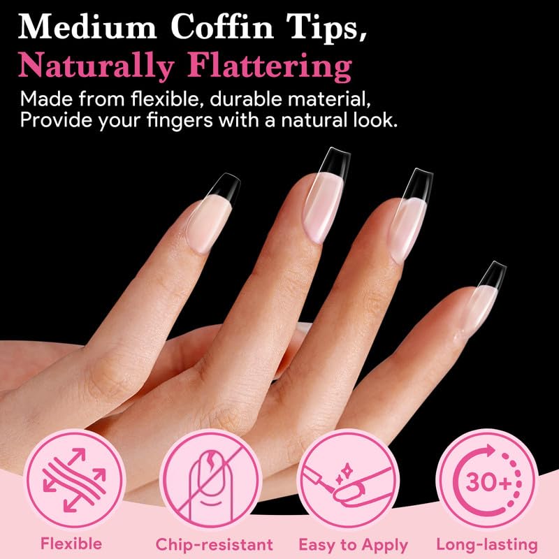 Medium Coffin False Nail Tips, 15 Sizes 510 PCS Clear Soft Press On Fake Nail Pre-shaped Half Matte Full Cover Gel Nail Tip Extensions Strong Thick Long Lasting for DIY Beginners & Salon Manicure
