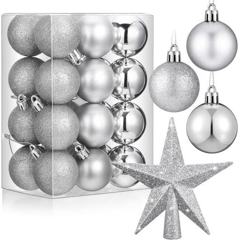RoundFunny 25 Pcs Mini Christmas Balls Ornaments Set 1.57 Inch Christmas Day Ball Topper Star Tree Hanging Ornaments for Party Decoration(Silver)