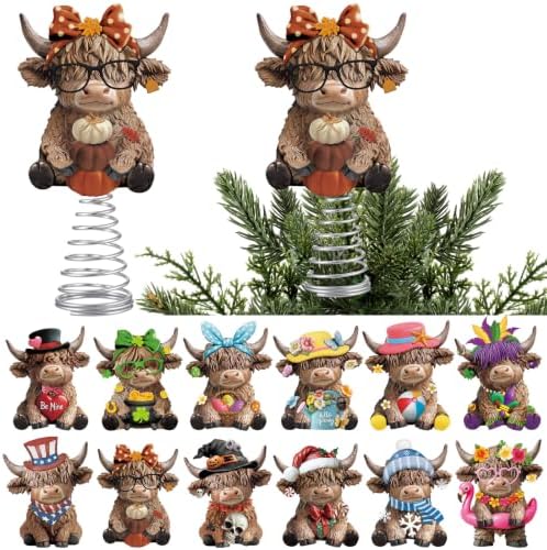 Gejoy 12 Pcs Interchangeable Seasonal Highland Cow Mini Tree Topper