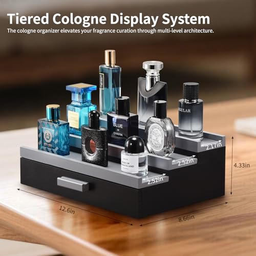 Perfume Organizer for Men, 3 Tier Wood Perfume Display Stand with Velvet Lining Drawer and Hidden Compartment for Watch,Jewelry,Perfume Display Risers,A Gift for Men (Black+Gray) - style: 3 Tier - BlackGrey