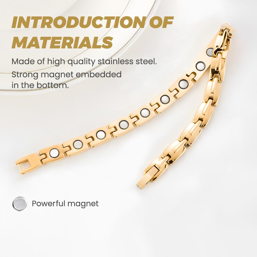QIAOZILI Ultra Strength Magnetic Bracelet for Women, Stainless Steel Lymphatic Drainage, Magnetic Therapy, Adjustable Size, Gold
