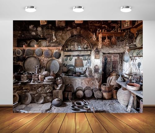 12x8ft Fabric Rustic Old Kitchen Backdrop Old Village Stone Kitchen Antique Pantry Monasteries in Meteora Greece Background Rural Farmhouse Cooking Utensils Backdrop Photo Booth Props - size: 12x8FT