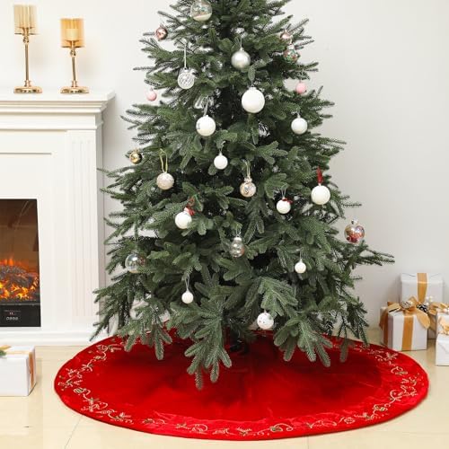 VioraWhite Christmas 60 Inch Red Velvet Tree Skirt Embroidered Xmas