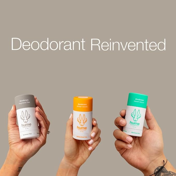 Hume Supernatural Aluminum Free Deodorant for Women & Men - Safe for Sensitive Skin - Probiotic, Plant-Based, Baking Soda Free, Aloe, & Cactus Flower, Anti Sweat, Stain & Odor - Amber Woods, 2 pack