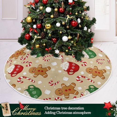 Cute Candy Cup Gingerbread Snow Christmas Tree Skirt 48" Winter Xmas Tree Skirts Mat for Happy New Year Holiday Party Supplies Rustic Ornaments Indoor Home Decor
