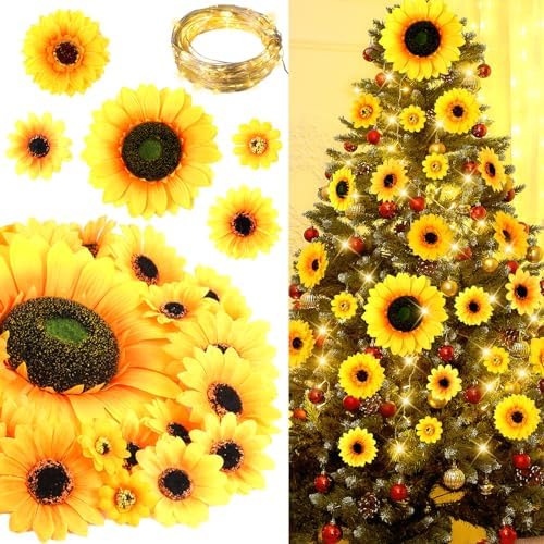 Crowye 124 Pcs Christmas Sunflower Tree Ornaments Yellow Sunflower Christmas Decorations Big Artificial Sunflowers Tree Topper Mini Sunflower Ornaments Bulk with 2 String Lights for Christmas Tree