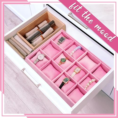 Henoyso 2 Pieces 12 Grid Velvet Watch Tray Jewelry Organizer Stackable Watch Bracelet Bangle Display Holder Adjustable Pillow(Pink) - color: Pink, size: 12 Grid