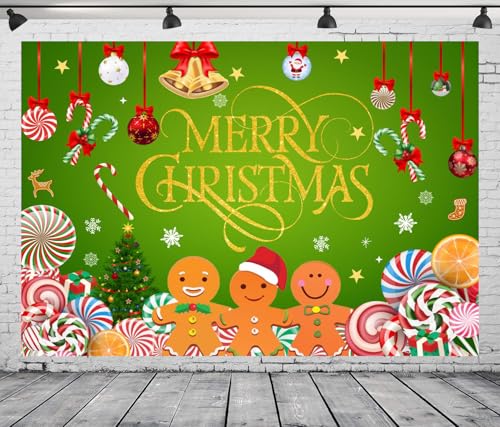 Gingerbread Merry Christmas Backdrop 7x5FT Green Peppermint Candy Cane Gingerbread Photography Background Christmas Candy Banner - color: Green/Red/Gold/Brown