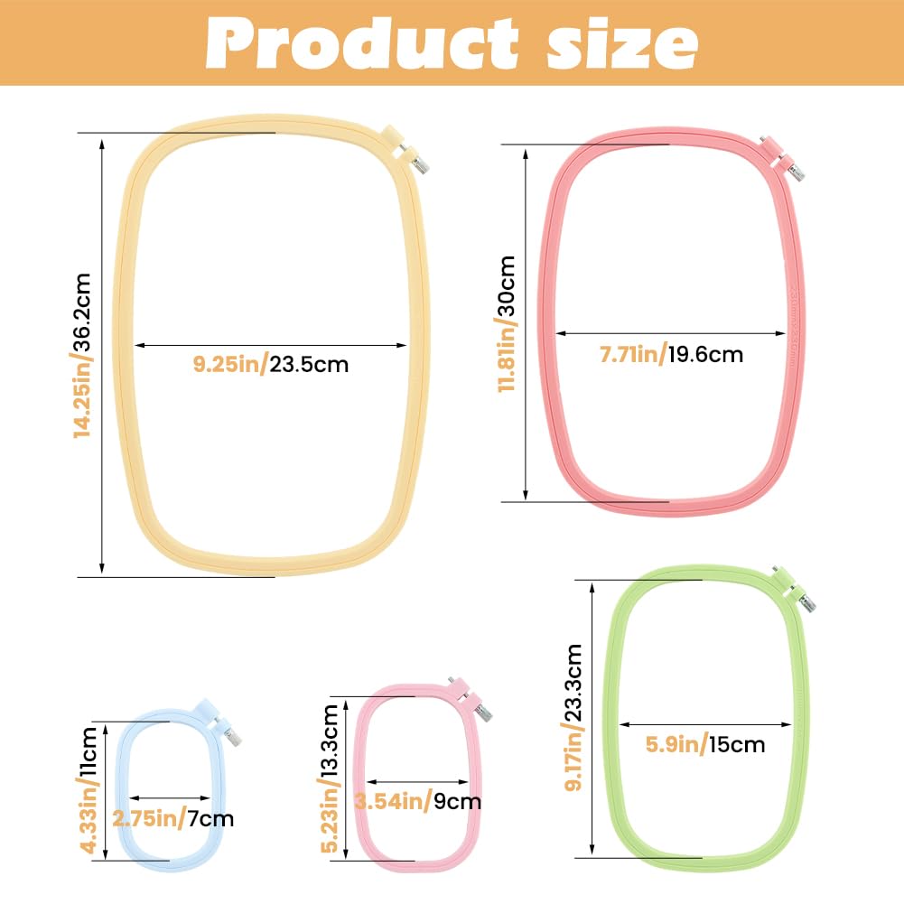 5-Pack Rectangle Embroidery Hoops Set, ABS Plastic Cross Stitch Hoops for Sewing, Needlework and DIY Projects, Reusable Embroidery Supplies, 5 Sizes (5", 6", 10", 13", 15")