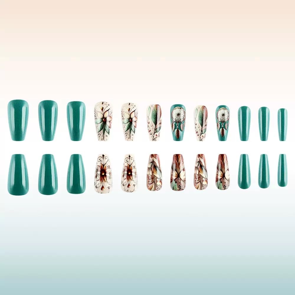 CTTHNBD Square Press on Nails - Medium Fake Nails with Flower Design - Ombre Brown, French Tip False Nails for Women - 24 Pcs