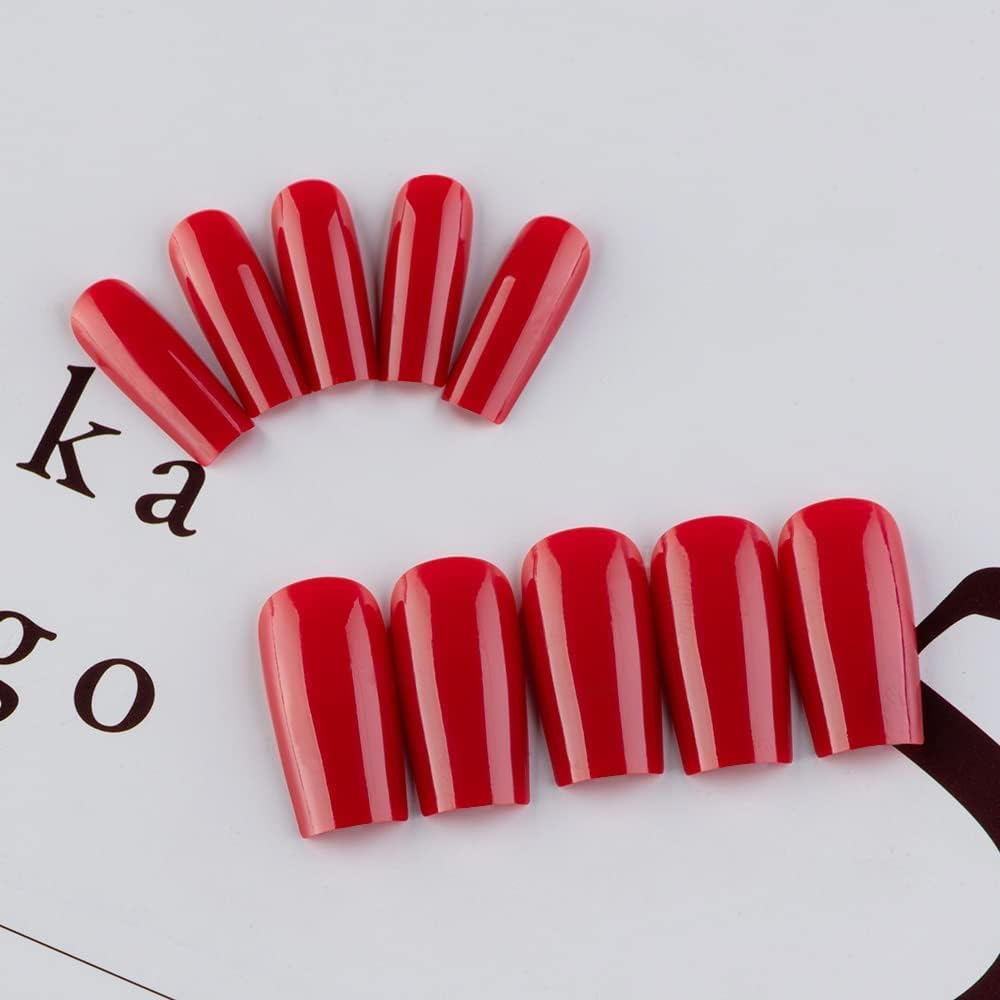 Red Press On Nails Medium Long Square, Xcreando Medium Coffin Nails Acrylic Nails Press ons Glue on Nails Medium Length, Solid Color Fake Nails for Women Holiday Thick Artificial Nails