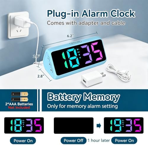 Netzu Loud Alarm Clock for Heavy Sleepers, RGB Alarm Clocks for Bedrooms Seniors Kids, Plug in Digital Clock with 5 Dimmers, 2 Alarms, 4 Volumes and Snooze