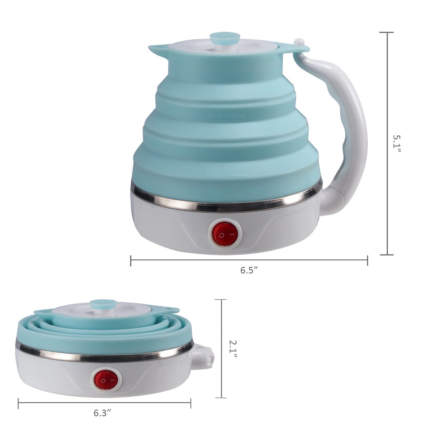 Travel Foldable Electric Kettle, Collapsible Electric Kettle Food Grade Silicone Small Pot Boiling water,Dual Voltage（600ml,110-220V US Plug） (Blue)