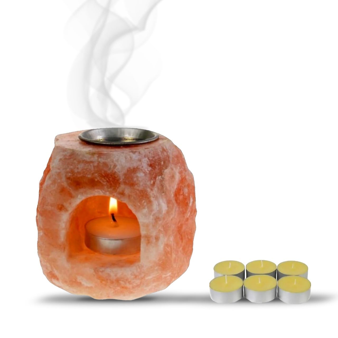 Himalayan Salt Candle Holder with Aroma Lid - Includes 6 Tea Light Candles, 4-Hour Burn Time - Natural Decor for Home, Office, and Spa, 3.5 inch.