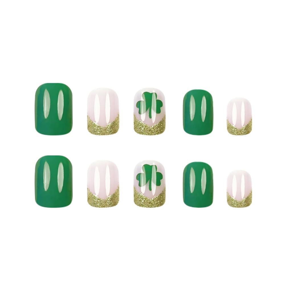 St Patricks Day Press on Nails Short Square Fake Nails with Shamrock Clover Design Glossy Green Glue on Nails Gold Glitter French Tips Nails Press ons Spring Acrylic Nails for Women Manicure 24Pcs