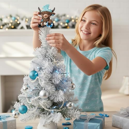Gejoy Summer Coastal Highland Cow Miniature Tree Topper, 5.1 Inches Mini Resin Beach Cow Figurine Treetop with Seashells Starfish Sandcastle & Metal Spring for Tiered Tray Decor, Calf Lover Gifts
