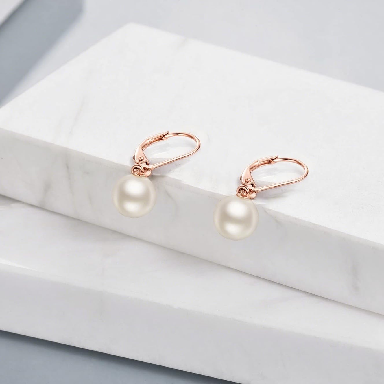 925 Sterling Silver Pearl Leverback Earrings Dangle Drop Jewelry Gifts for Women (Pearl-Rose Gold)